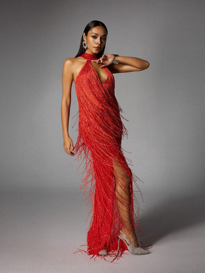Elvrik Halterneck Fringe Cutout Split Maxi Dress In Red