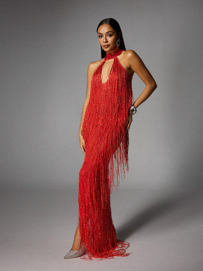 Elvrik Halterneck Fringe Cutout Split Maxi Dress In Red
