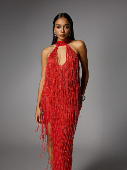 Elvrik Halterneck Fringe Cutout Split Maxi Dress In Red