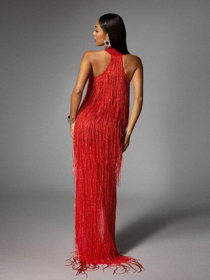 Elvrik Halterneck Fringe Cutout Split Maxi Dress In Red