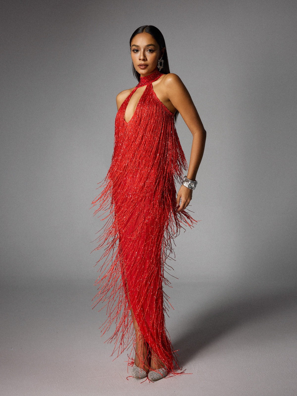 Elvrik Halterneck Fringe Cutout Split Maxi Dress In Red