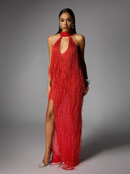 Elvrik Halterneck Fringe Cutout Split Maxi Dress In Red