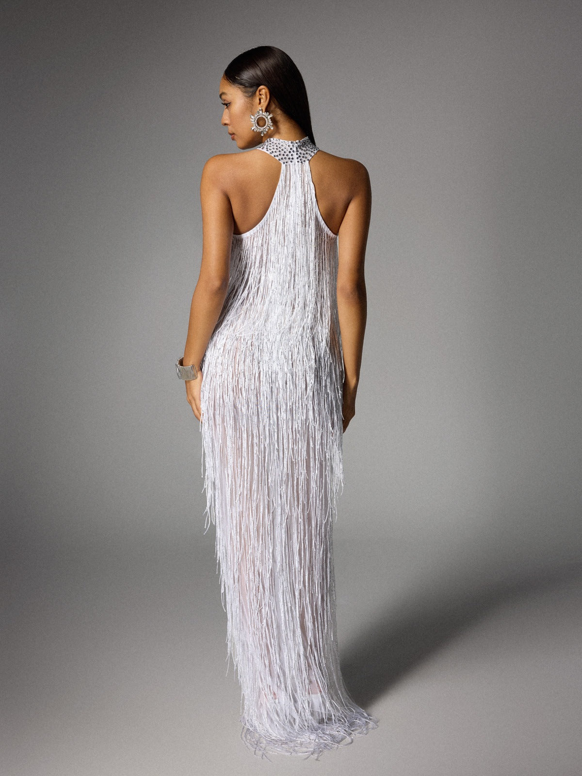 Elvrik Halterneck Fringe Cutout Split Maxi Dress In White