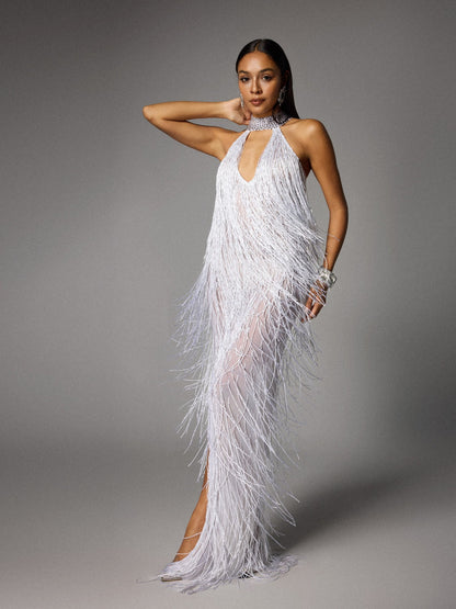 Elvrik Halterneck Fringe Cutout Split Maxi Dress In White