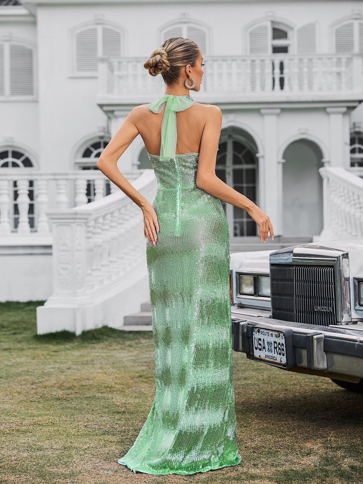 Elyssian Halterneck Split Maxi Dress In Green