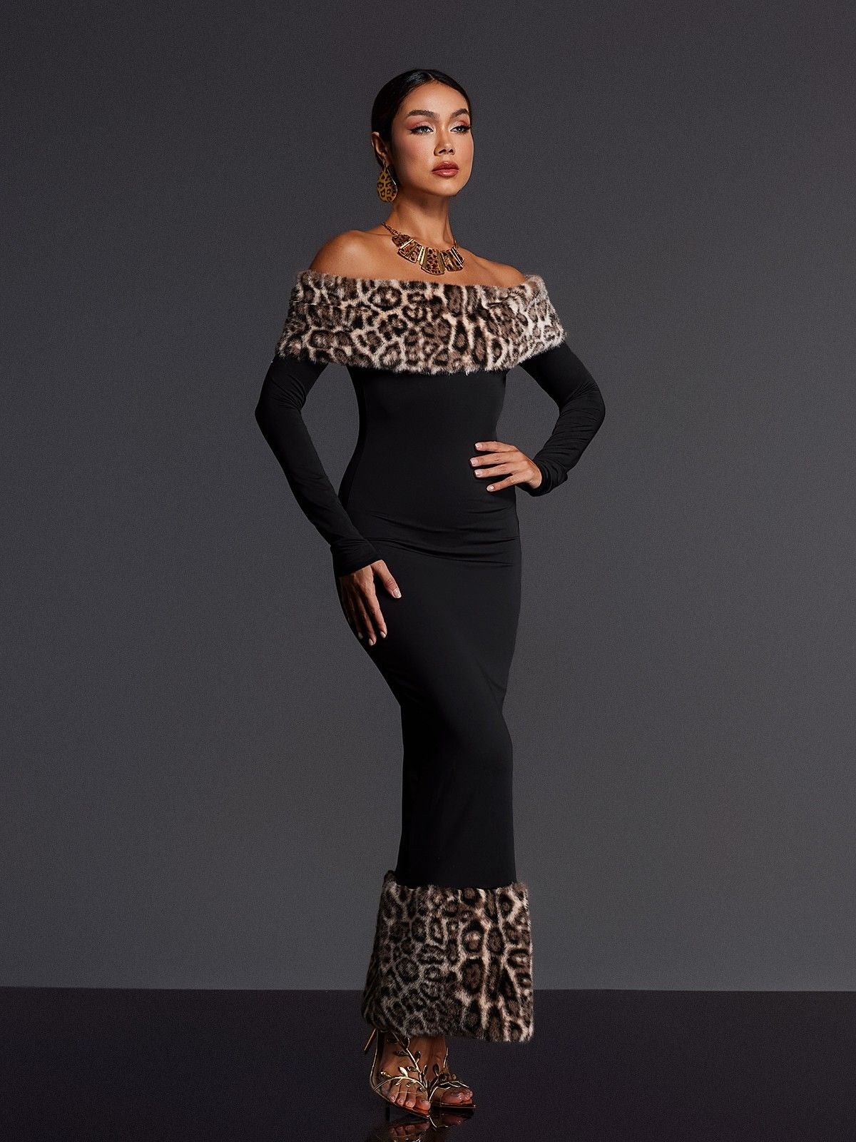 Emms Off Shoulder Leopard Maxi Dress