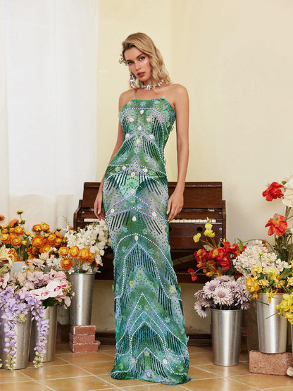 Ennis Strapless Flower Embellished Maxi Dress