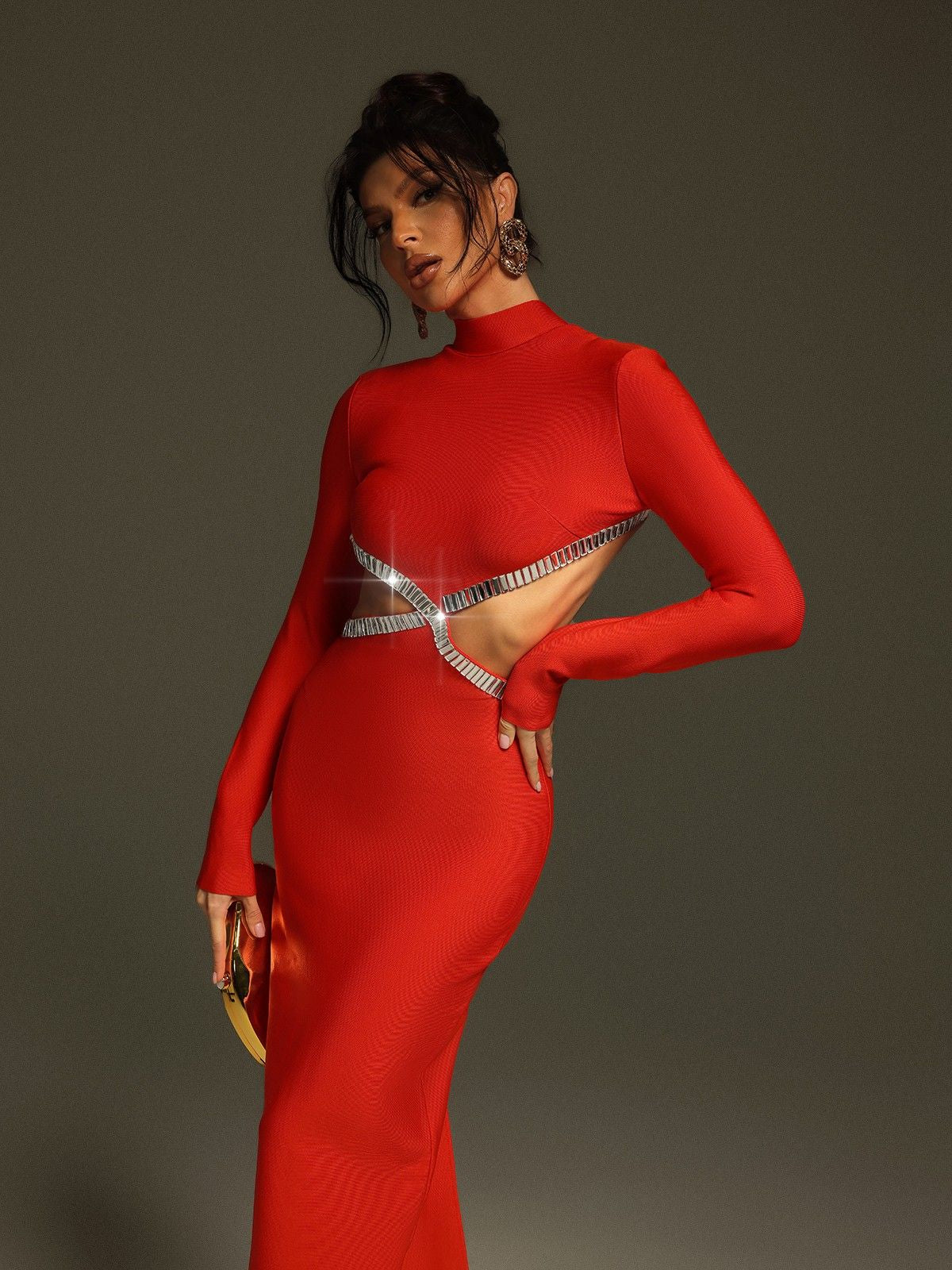Ephai Rhinestone Cutout Bandage Dress In Red