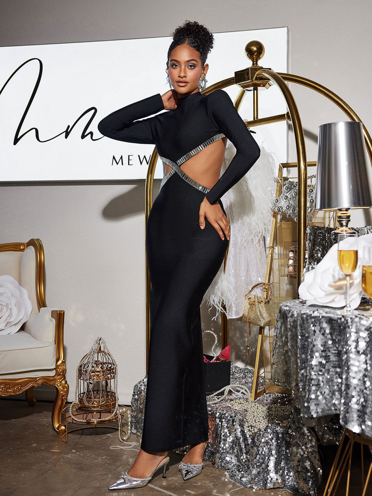 Ephai Rhinestone Cutout Bandage Dress In Black