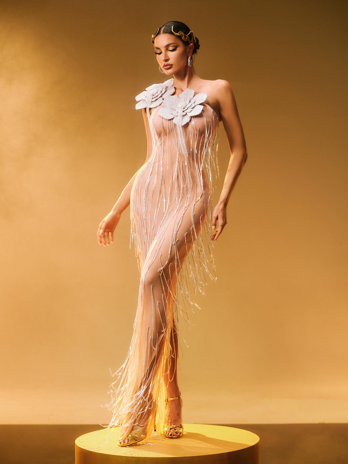 Ephira Crystal Flower Fringe Maxi Dress