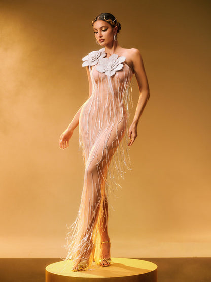 Ephira Crystal Flower Fringe Maxi Dress