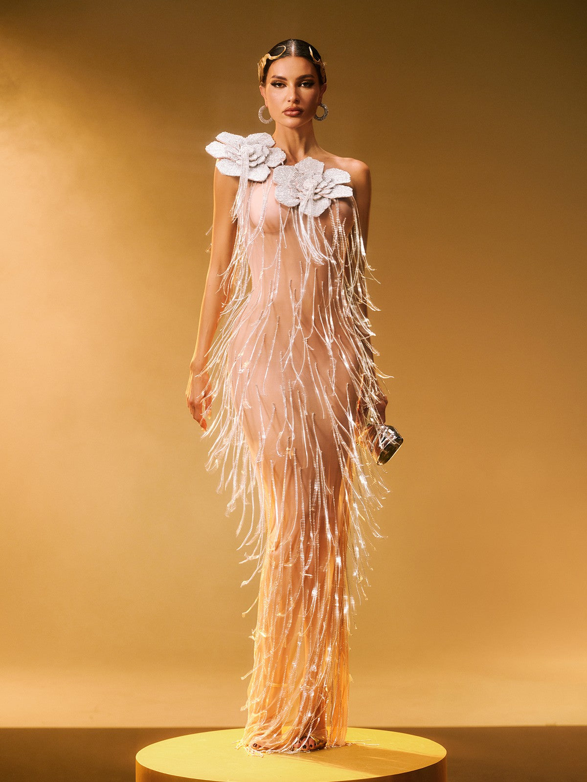 Ephira Crystal Flower Fringe Maxi Dress