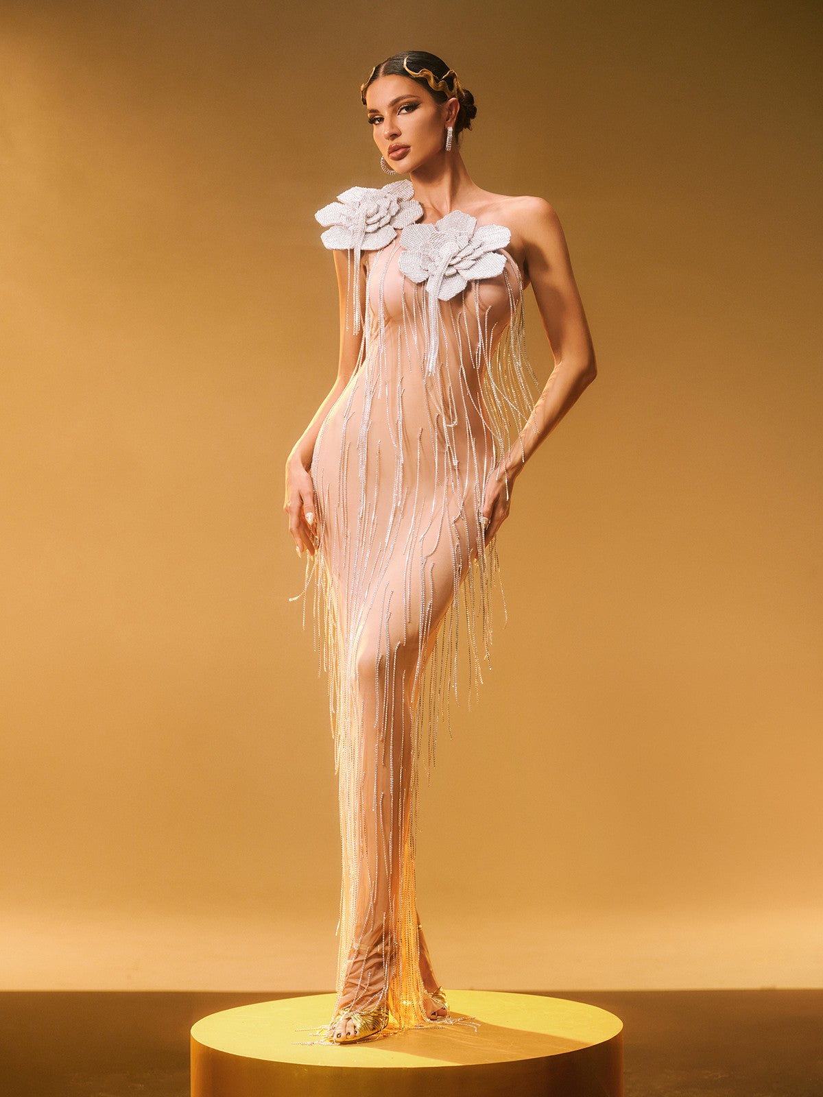 Ephira Crystal Flower Fringe Maxi Dress