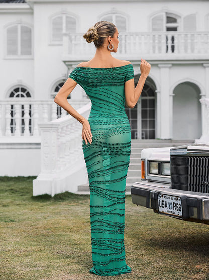 Eryx Off Shoulder Rhinestone Mesh Maxi Dress In Green
