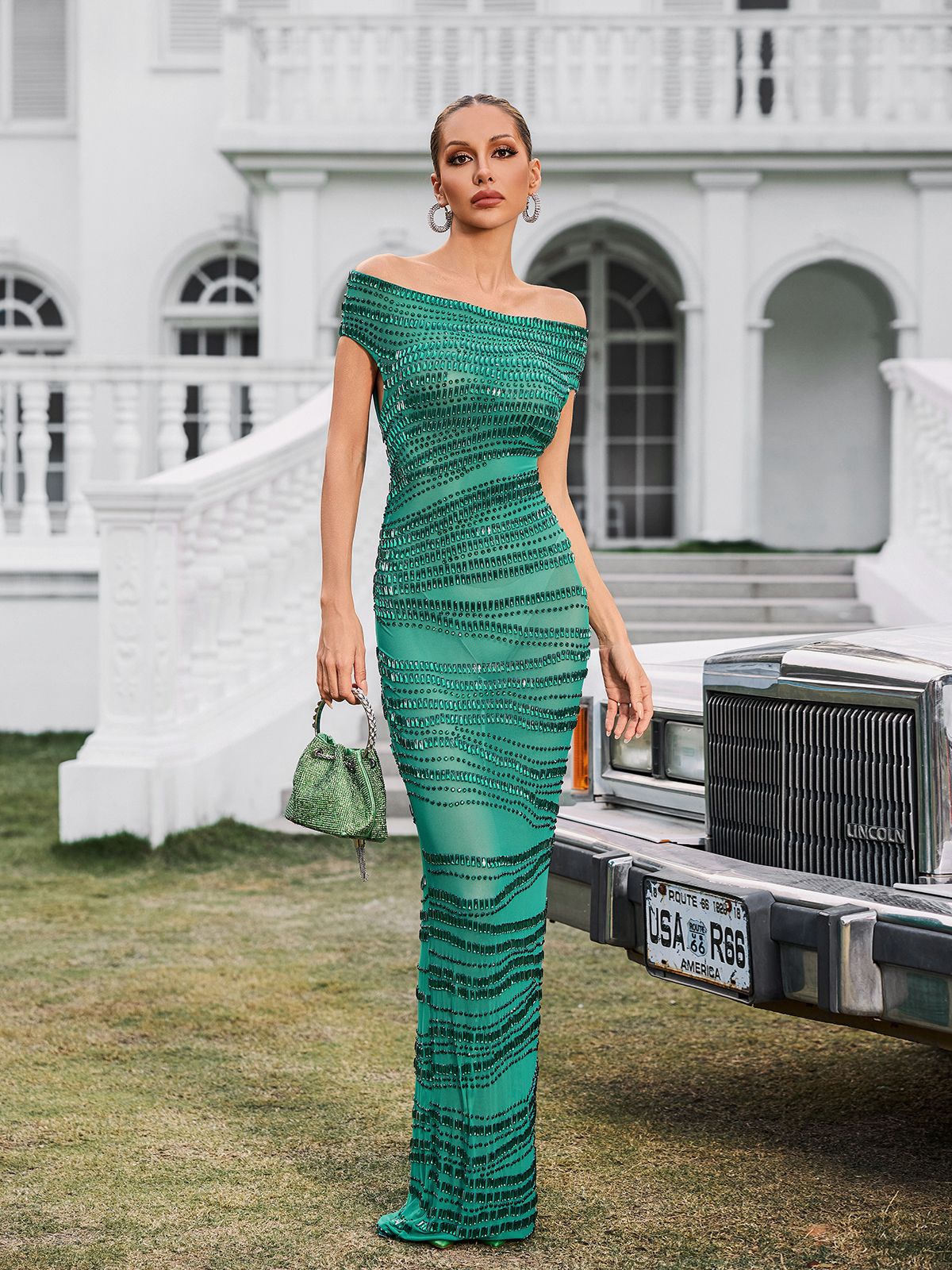 Eryx Off Shoulder Rhinestone Mesh Maxi Dress In Green