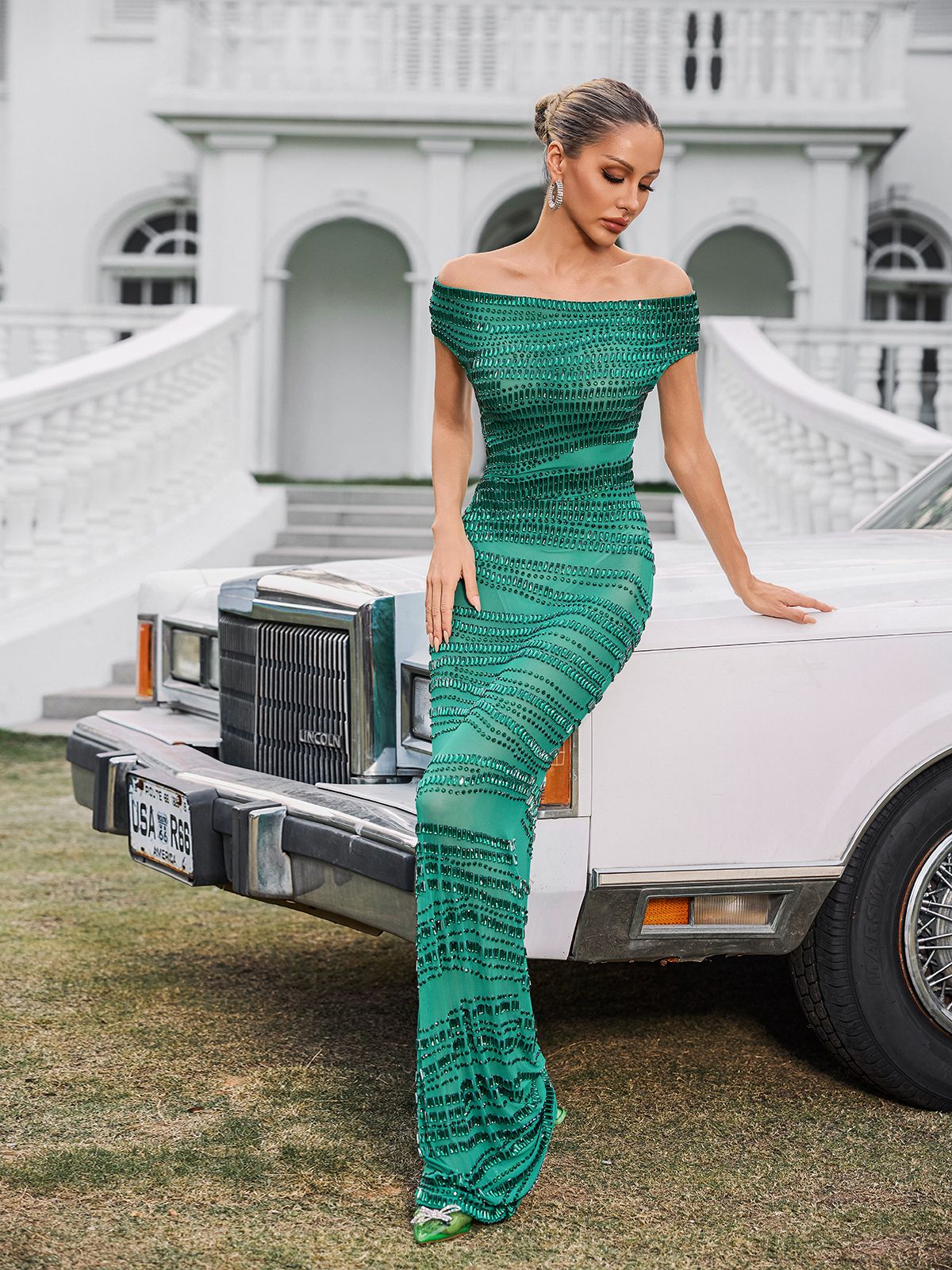 Eryx Off Shoulder Rhinestone Mesh Maxi Dress In Green