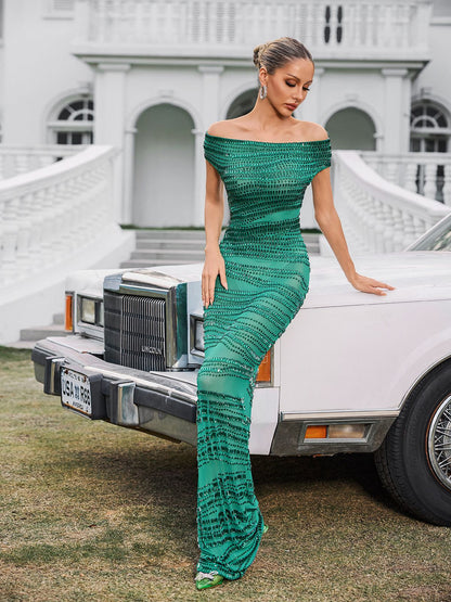 Eryx Off Shoulder Rhinestone Mesh Maxi Dress In Green