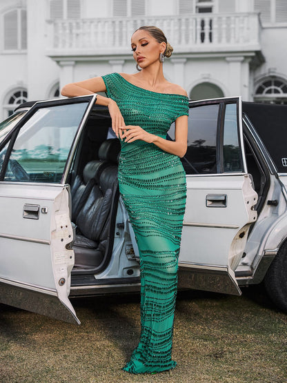 Eryx Off Shoulder Rhinestone Mesh Maxi Dress In Green