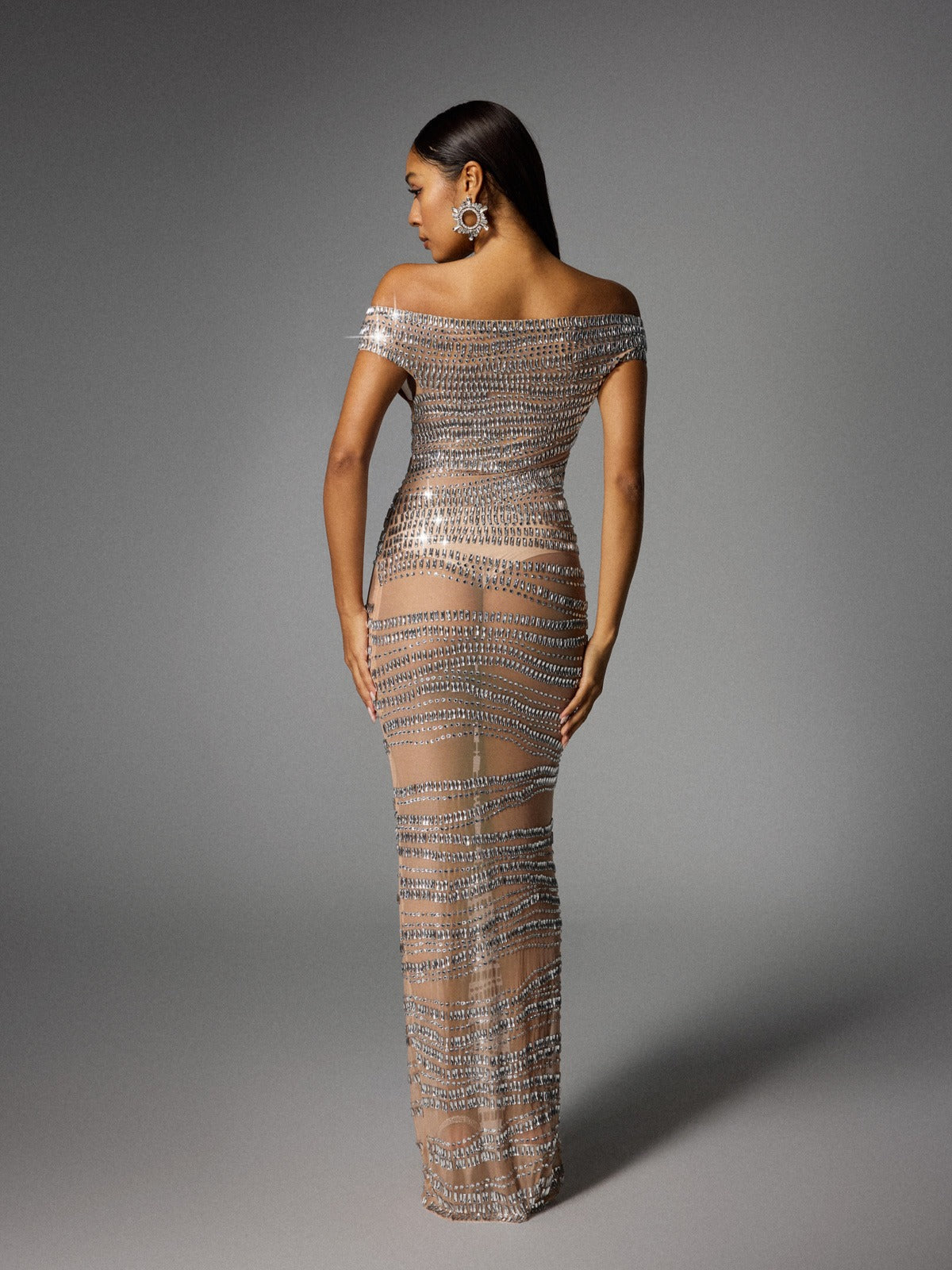 Eryx Off Shoulder Rhinestone Mesh Maxi Dress In Nude