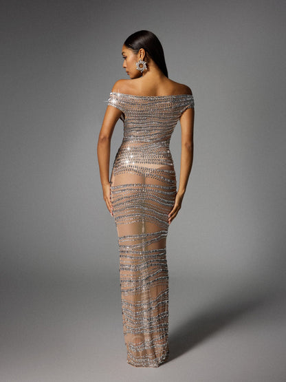 Eryx Off Shoulder Rhinestone Mesh Maxi Dress In Nude