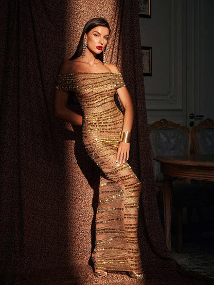 Eryx Off Shoulder Rhinestone Mesh Maxi Dress