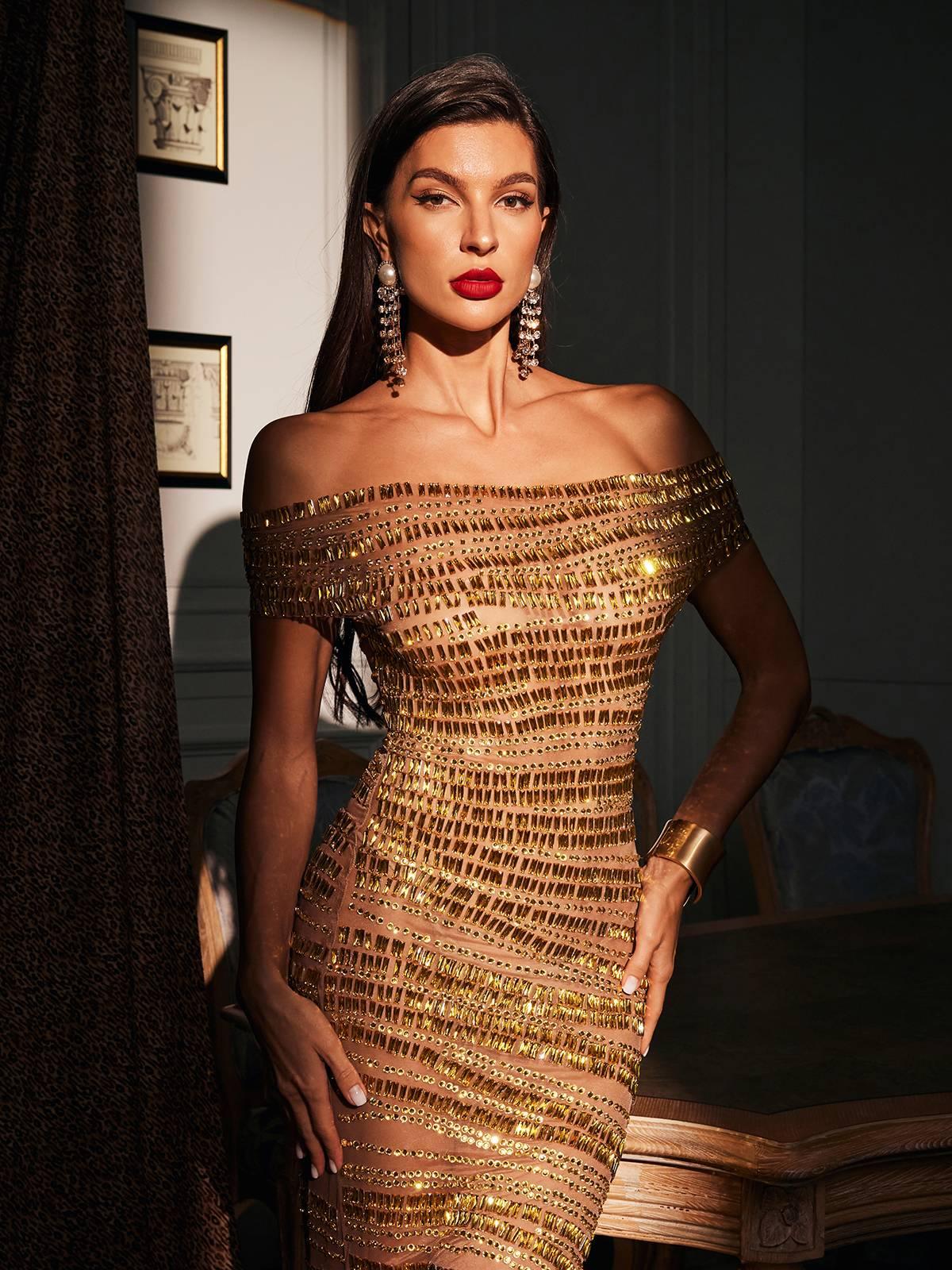 Eryx Off Shoulder Rhinestone Mesh Maxi Dress