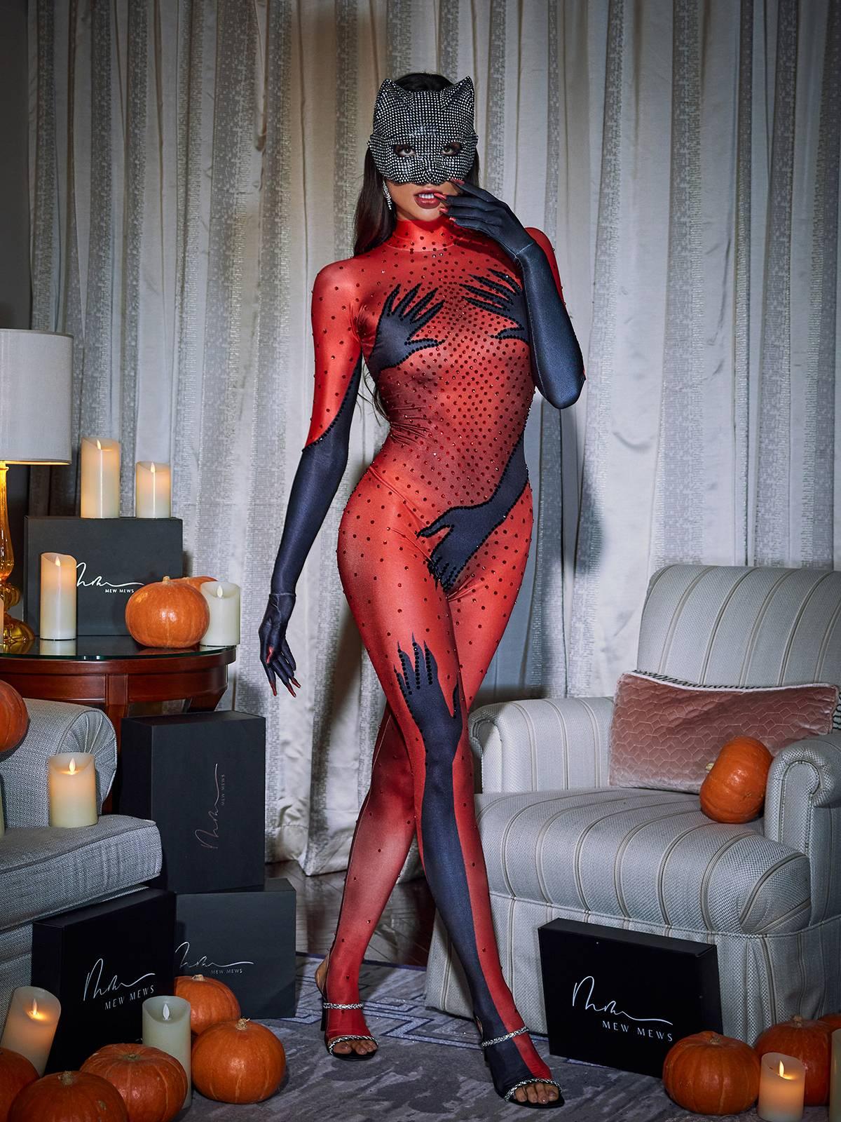 Esau Hands Printed Rhinestone Gloves Jumpsuit In Red