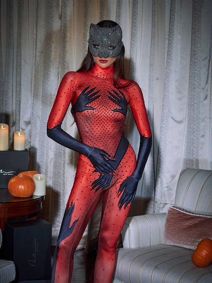 Esau Hands Printed Rhinestone Gloves Jumpsuit In Red