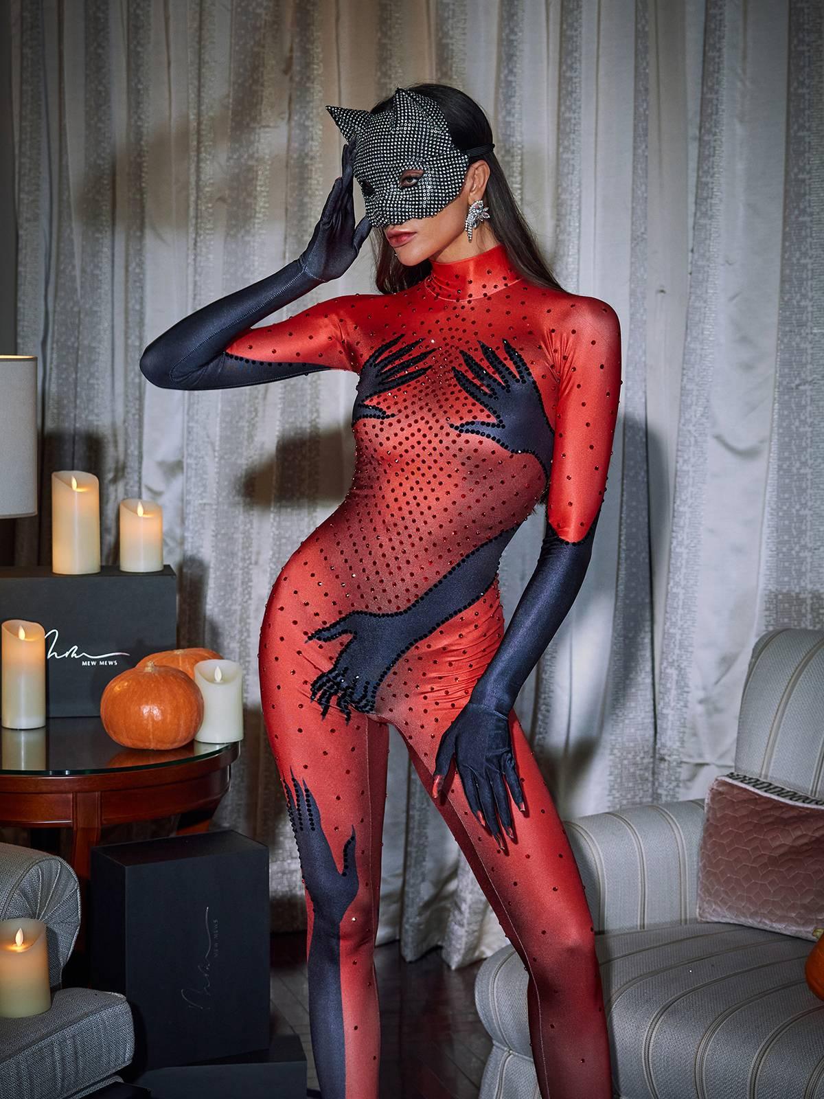 Esau Hands Printed Rhinestone Gloves Jumpsuit In Red