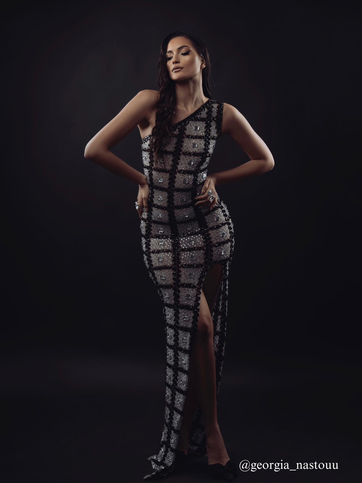 Esti One Shoulder Printed Rhinestone Maxi Dress