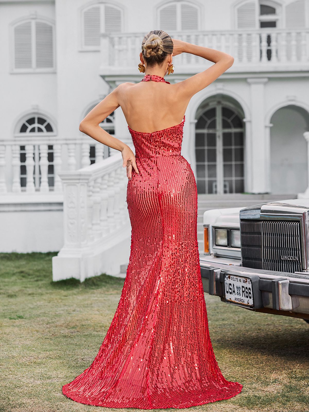 Evorine Halterneck Embellished Flower Split Maxi Dress