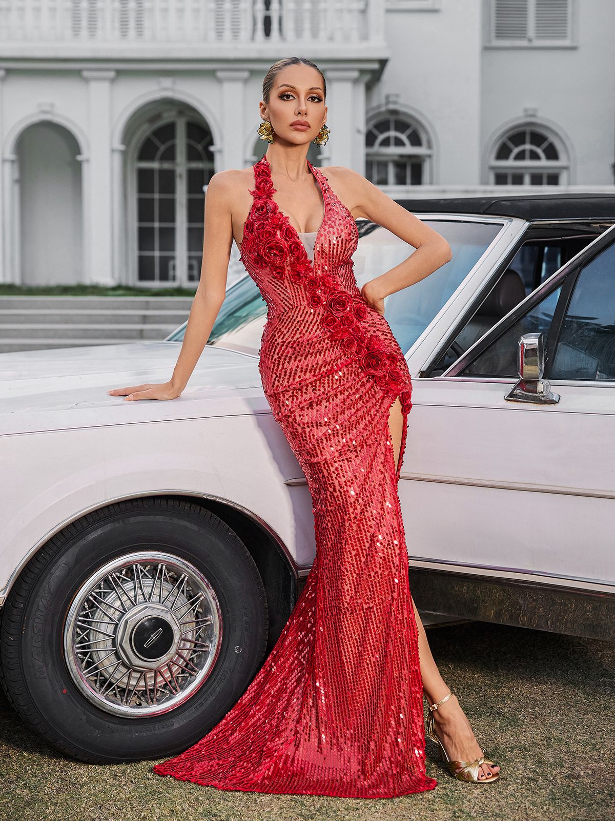 Evorine Halterneck Embellished Flower Split Maxi Dress