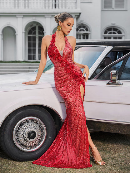 Evorine Halterneck Embellished Flower Split Maxi Dress