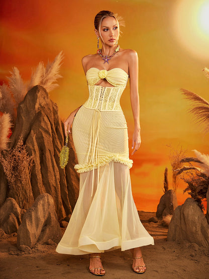 Ezrion Strapless Lace Up Mesh Maxi Dress