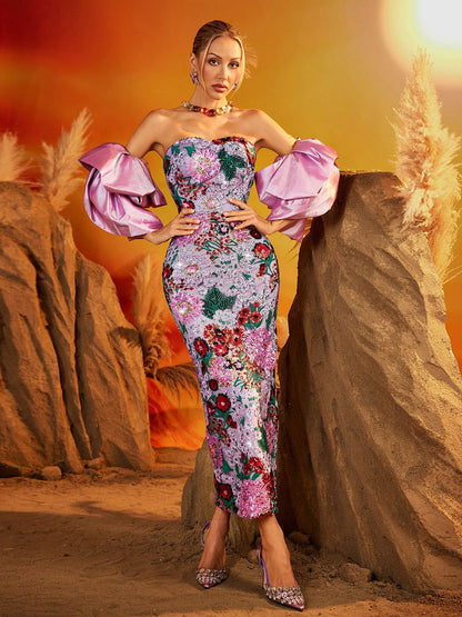 Faelith Puff Sleeve Floral Midi Dress