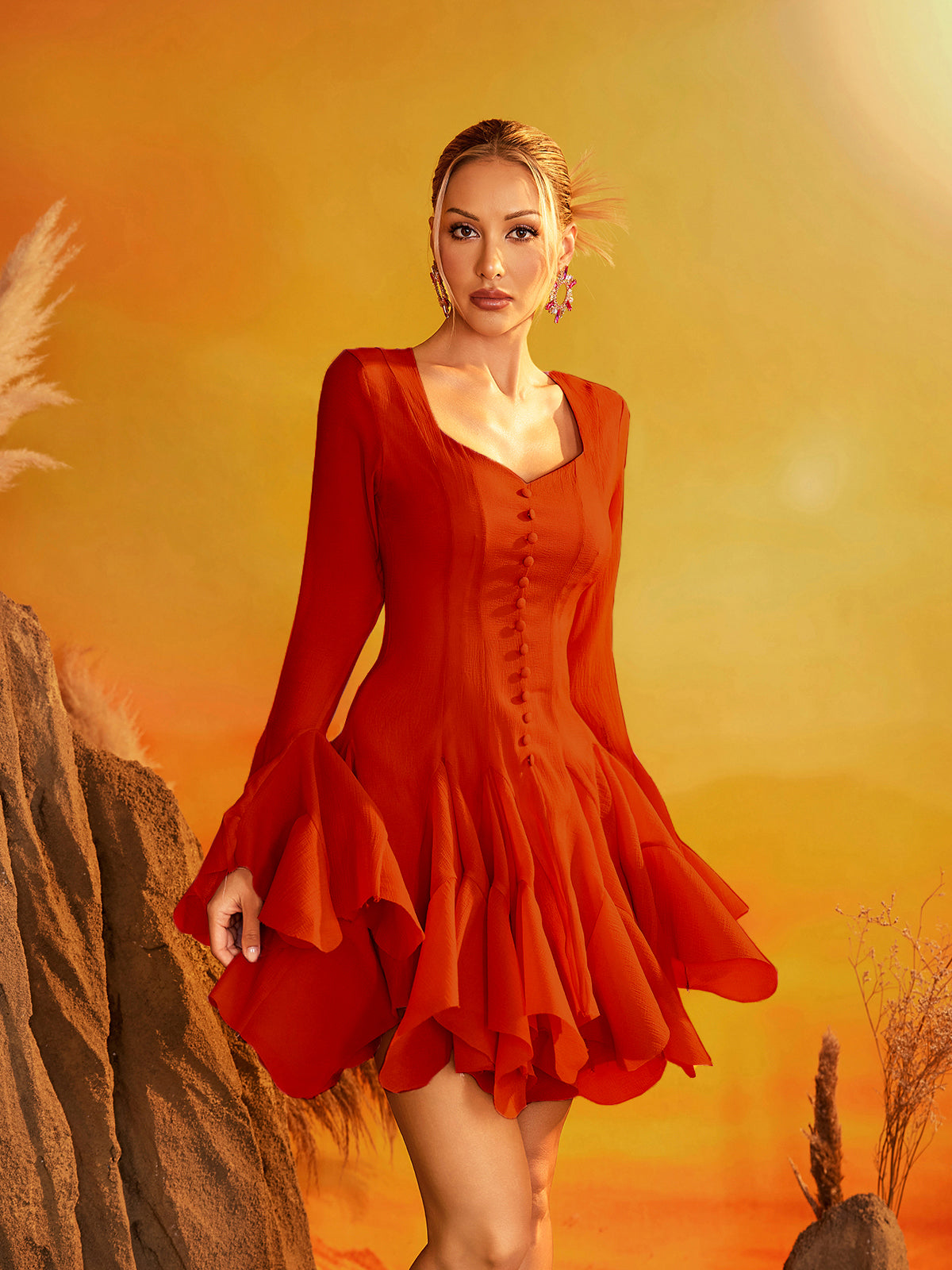 Faldrex Flare Sleeve Ruffle Mini Dress In Wine