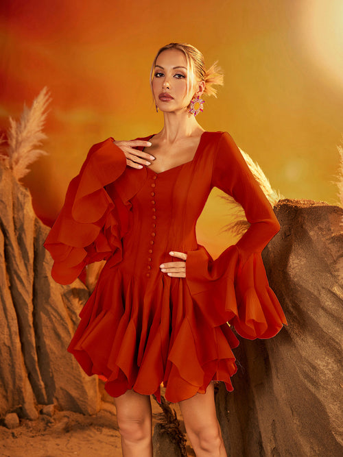 Faldrex Flare Sleeve Ruffle Mini Dress In Wine