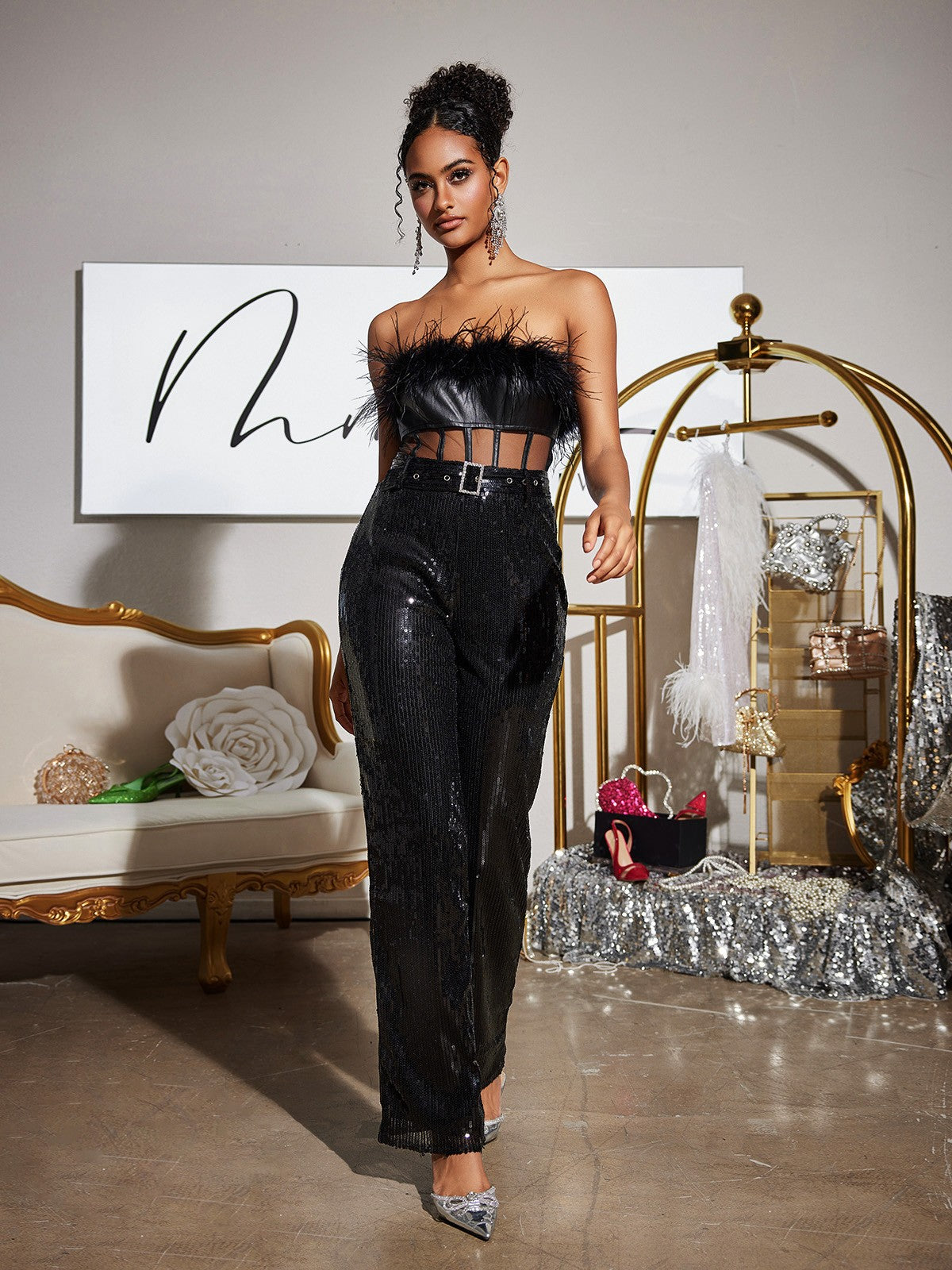 Faro Feather Sequin Jumpsuit
