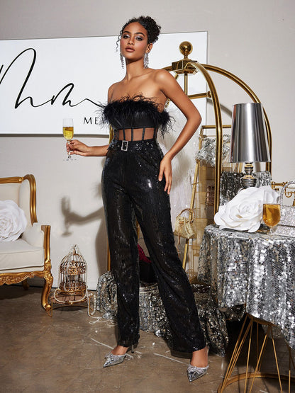 Faro Feather Sequin Jumpsuit