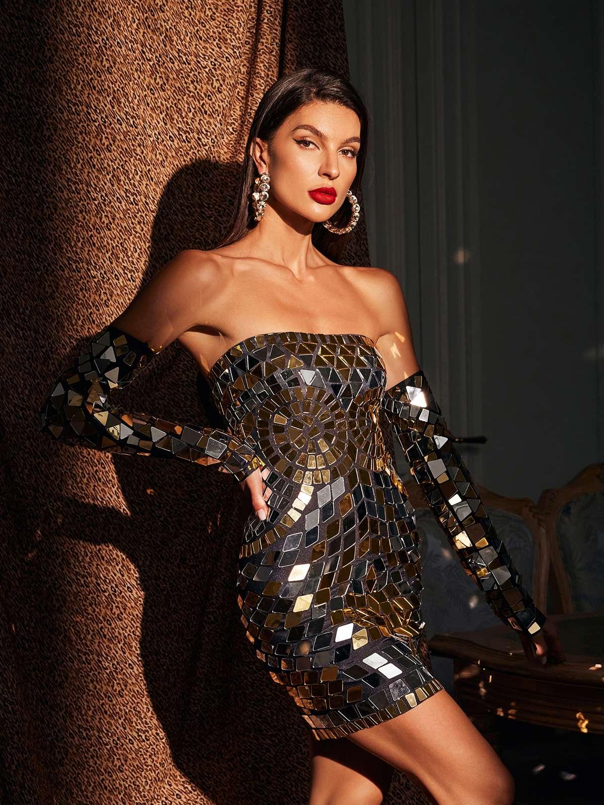 Felice Strapless Acrylic Mini Dress With Gloves