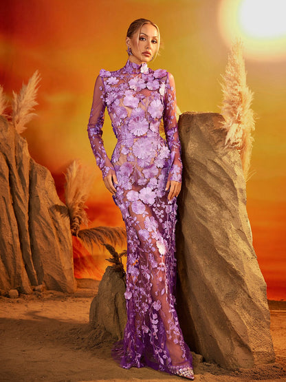 Fexis Long Sleeve Flower Mesh Skirt Set