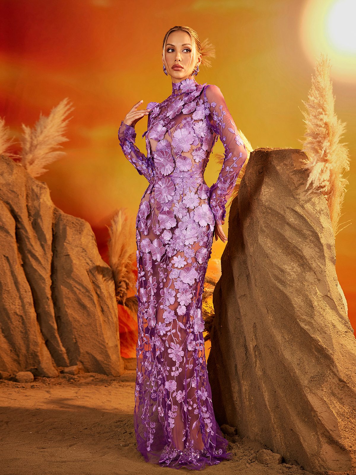 Fexis Long Sleeve Flower Mesh Skirt Set