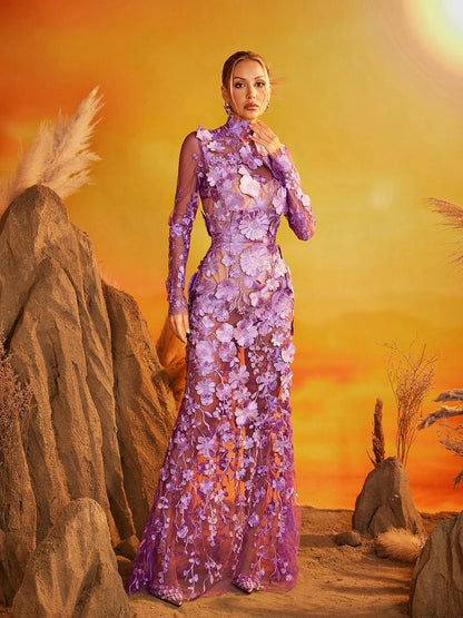 Fexis Long Sleeve Flower Mesh Skirt Set