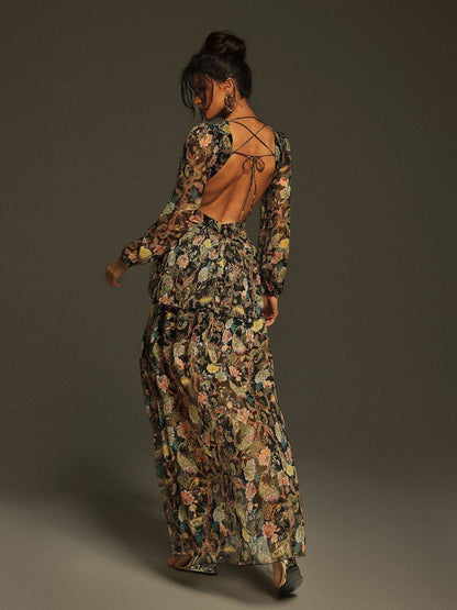 Flavio V Neck Printed Cutout Maxi Dress