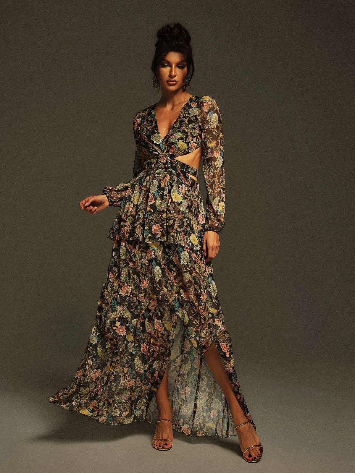 Flavio V Neck Printed Cutout Maxi Dress
