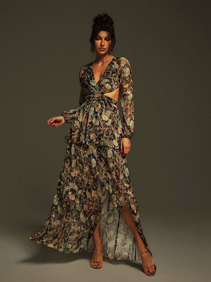 Flavio V Neck Printed Cutout Maxi Dress