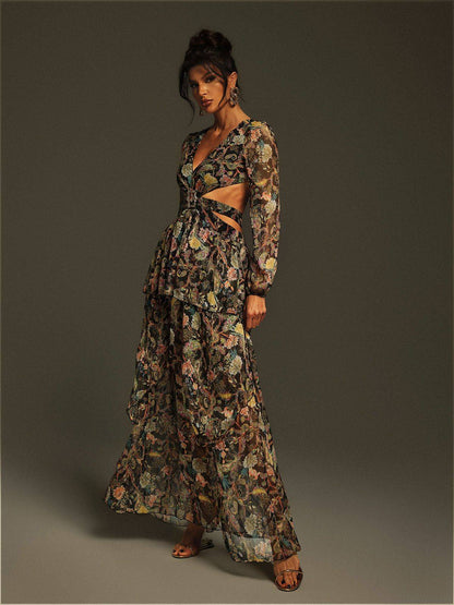 Flavio V Neck Printed Cutout Maxi Dress