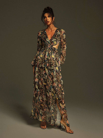 Flavio V Neck Printed Cutout Maxi Dress
