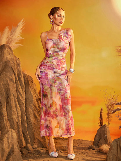 Fyrthos Spaghetti Floral Ruched Maxi Dress