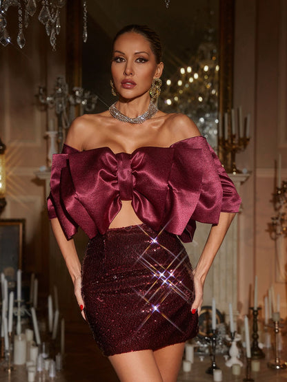 Gábri Off Shoulder Bow Sequin Skirt Set